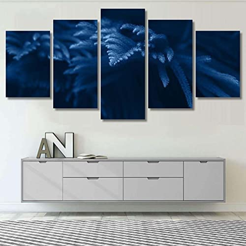 Leinwand Wandkunst Bilder Home Decor 5 Stück Dunkelblauer Farn (Xxl/Mit Rahmen 200 X 100 Cm) Gemälde Modulare Hd-Drucke Poster Wohnzimmer Schlafzimmer Hotelrestaurant Kinderzimmer -6O6C/I1U