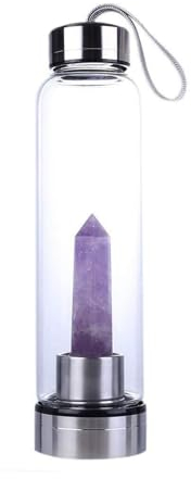 Queemie Natural Amethyst Crystal Water Bottle, Stainless Steel Glass Purple Quartz Gemstone Obelisk Wand Energy Cup Sports Cup for Healing Wellness 550ml