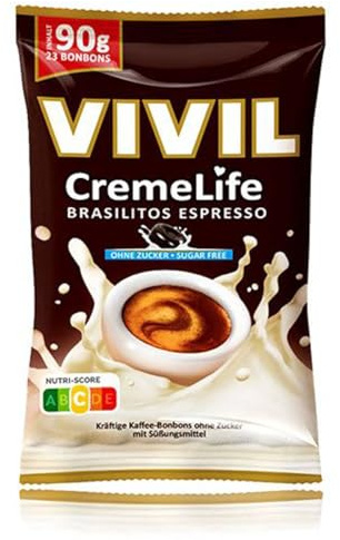 VIVIL Creme Life Brasilitos Espresso, zuckerfreie Sahnebonbons, 1 x 90 g | Cremiger Genuss mit echter Schlagsahne, Praktisch für Handtasche und unterwegs