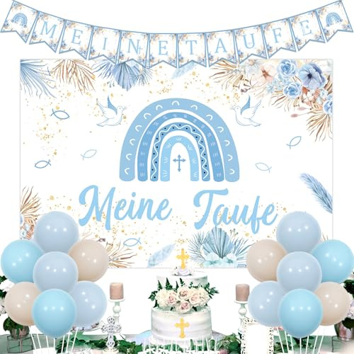 Sursurprise Meine Taufe Deko - Blauer Regenbogen Banner mit Luftballon für Erstkommunion und Konfirmation