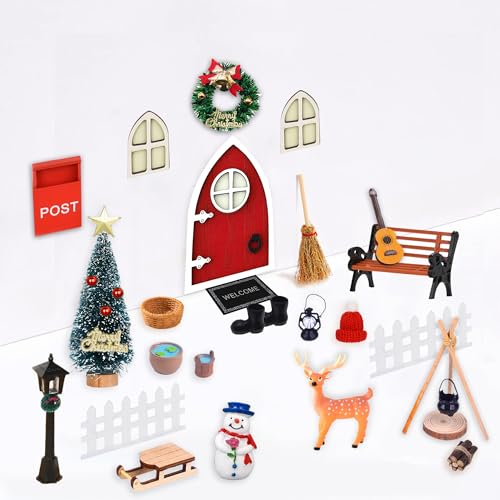 Aniepaa Wichtel Zubehör Weihnachten, Miniatur Wichtel Zubehör, Weihnachtswichtel Tür Set mit Feentür, Briefkästen, Stiefel, Leiter, Weihnachtsbaum, Wichtel Set für Mädchen Junge (26 PCs)