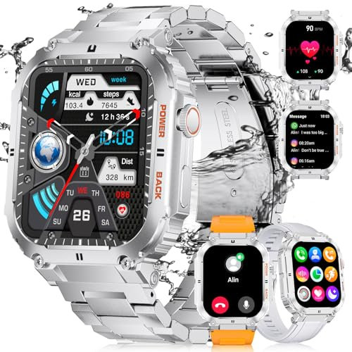 LIGE Smartwatch Herren, 1,96'' HD Touchscreen Smartwatch Militär mit Telefonfunktion, 123 Sportmodi Fitnessuhr, Pulsmesser/Schlafmonitor, IP68 wasserdichte 400mAh Smart Watch für Android iOS, 3 Gurte