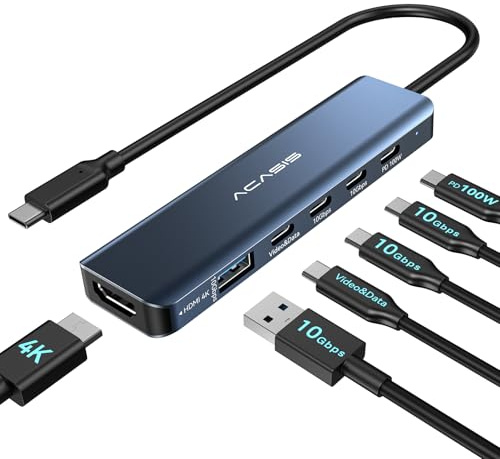 ACASIS Hub USB C 10 Gbit/s double moniteur 4K @ 60 Hz, adaptateur multiport USB C avec 1 HDMI, 1 sortie vidéo USB C, 3 transferts de données USB 10 Gbit/s, PD 100 W, répartiteur USB C pour moniteur