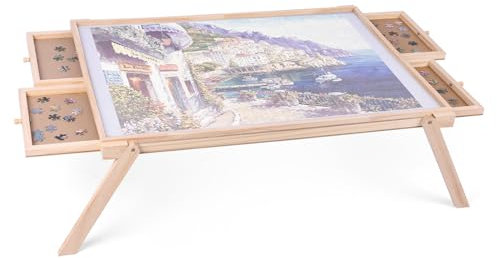Ruication Jigsaw Puzzle Table Wooden Jigsaw Table Folding Tilting Rotating Puzzle Board With Leg Non-Slip Pad Surface for 1000 pieces 4 Sliding Drawers Storage For Adults Kids Children Boy Girl Gift