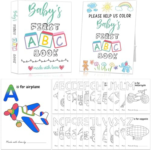 Baby's First ABC-Buch, Babyparty-Aktivitätsspiel, Andenken, Baby's erstes Alphabet-Malbuch, A bis Z Fahrzeug Malvorlagen, ABC Malbuch für Babypartys, Gästebuch Alternative