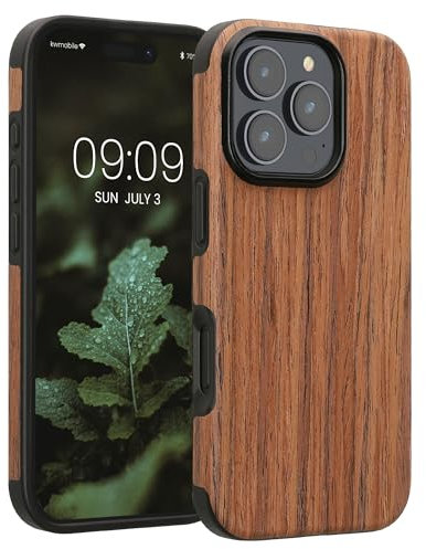 kwmobile Wood Optics Case Compatible with Apple iPhone 16 Pro - TPU Protective Cover in Two-Tone Wood Design - Woodgrain Brown