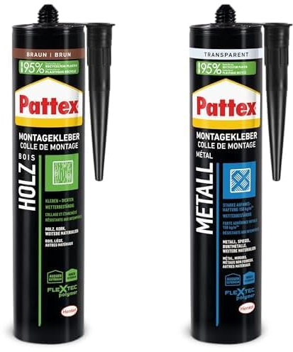Bundle aus Pattex Montage Holz 1x 420g + Pattex Montage Metall 1x 325g, wetterbeständige, elastische Kleber für Holz, Metall, Buntmetall und Spiegel, für innen und außen
