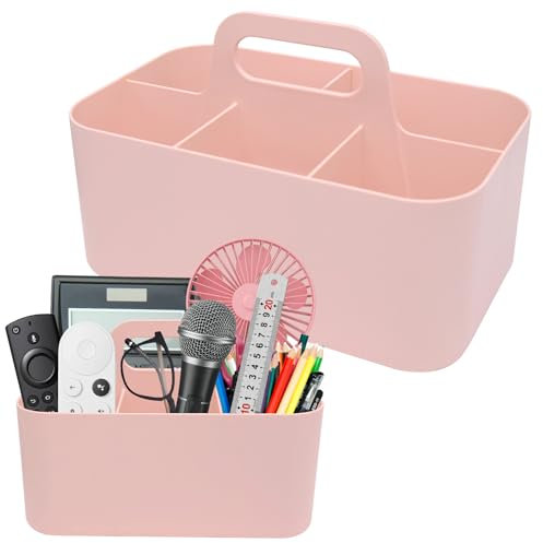 HVIHWI Korb Organizer mit Griff, Mehrzweck Kunststoffkorb mit 5 Fächer, Stapelbarer Reinigungskorb Tragbarer Bastelkorb Schreibtischkorb für Kunst, Make-up, Bürobedarf, 24×15×11.2cm (Rosa)