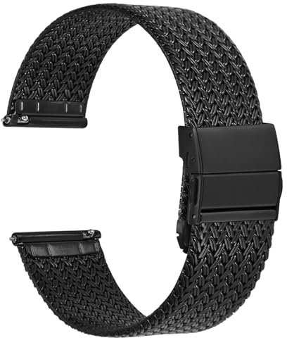 WOCCI 18mm Elite Uhrenarmband aus Metall für Damen und Herren, Gewebtes Mesh Armband, 316L Edelstahl, Schnellverschluss, Verbesserte Faltschließe (Schwarz)