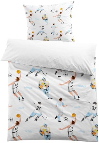 MUSOLEI Bettbezug Fußball Basketball, 140 x 200 cm, für Kinder, Jungen, Jugendliche, Bettwäsche, für Einzelbett, blau, Fußball, Rugby, aus Mikrofaser, 3D-Druck, mit Kopfkissenbezug, 65 x 65 cm