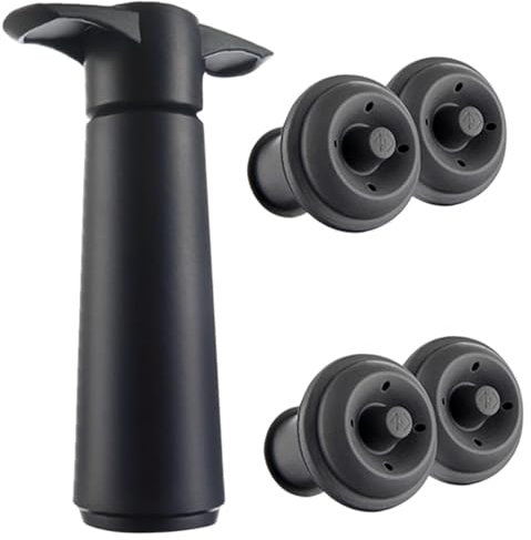 Wine Saver Vacuum Pump, 1 Pump 4 Stoppers, Wine Stopper & Preserver, Reusable Wine Stoppers Preserver to Keep Wine Fresh, Ideal Wine Accessories Gift, Kitchen Office Home Party (Black)