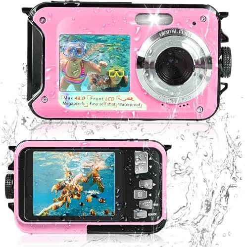 Cámara subacuática Comius Sharp para esnórquel, 10 pies de 3 MP, foto FHD, vídeo digital, resistente al agua, con tarjeta de memoria de 32 G para disparador automático, bajo el agua, surf, buceo, rosa