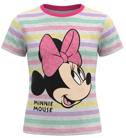Minnie Maus T-Shirt für Mädchen – Glitzer-Schleife | Minnie Maus T-Shirt für Mädchen – Glitzer-Schleife & bunte Streifen – Disney Kurzarmshirt – Größen 104–134 – Baumwoll-Mix
