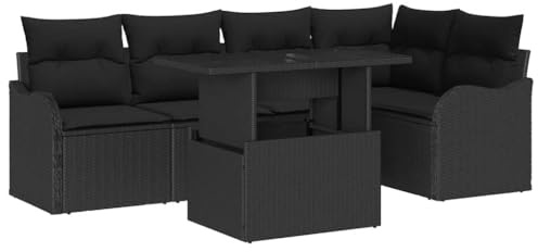 vidaXL Garten-Sofa-Set mit Kissen 6 pcs Schwarz Poly Rattan, Garten Modular Set, rechteckiger Esstisch für draußen, verstellbare Füße, robuster Rattan-Sofa, Al Fresco-Style