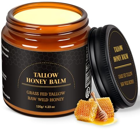Beef Tallow Creme 120g, Rindertalg Creme, Beef Tallow Skincare, Tiefe Hydratation Feuchtigkeitscreme, gefütterter Rindertalg und Honigbalsam für Empfindliche, Trockene Haut, Tallow Honey Balm