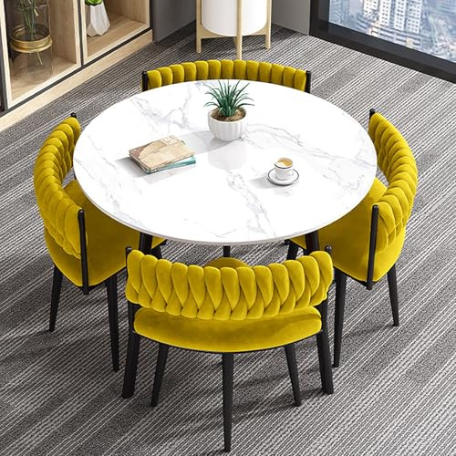Modernes 5-teiliges rundes Esstisch-Set für 4 stilvolle Couchtische & Stühle für Wohnzimmer, Küche, Büro, minimalistisches Holz-Finish in Gelb