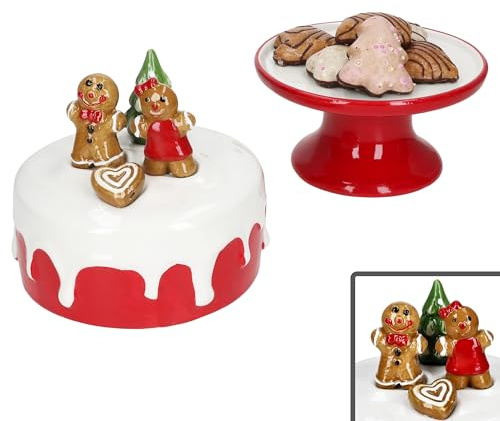 MamboCat Mini-Tortenplatte auf Fuß aus Steingut I Rot/Weiß I Deckel mit Lebkuchen & Tanne I Mini-Patisserie mit weihnachtlichem Dekor für Kekse, Mini-Kuchen, Pralinen & Co. I Weihnachten