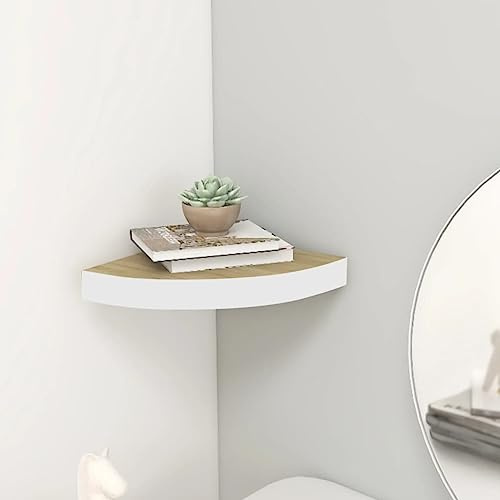 Owoxanthellate Eck-Schweberegal 25x25x3,8 cm aus Waben-MDF und Metall, Eiche und Weiß, unsichtbares Montagesystem für Schlafzimmer, Küche, Flur