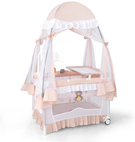 COSTWAY Lettino da Campeggio per Bambini, Culla Pieghevole con Fasciatoio Zanzariera, Box Neonati con Giocattoli, Ruote, per Bambini 0-36 Mesi (Rosa)