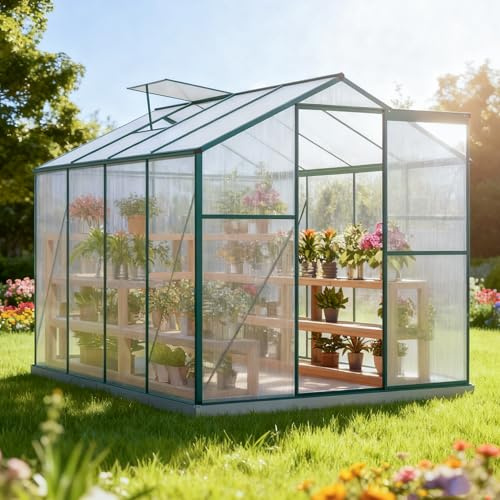 Serre de Jardin en Aluminium 4,75 m² avec Toit Polycarbonate - 190 x 253 cm - Fondations Incluses, Fenêtre et Porte Coulissante - Serre à Tomates
