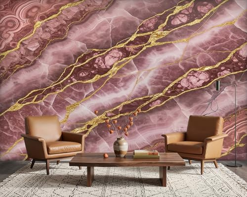 PaxGloz Pink and Gold Marble Wall Mural, Dusty Pink Wallpaper for Living Room & Bedroom, Non-Woven Decorative Wall Art 200x140 cm