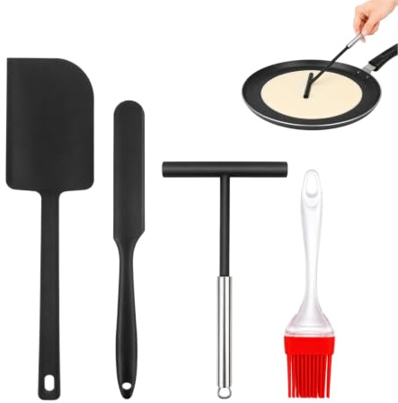 4PCS Crepe Spreader and Spatula Kit, Non-Stick Kitchen Utensils Spatula Set | T- Shaped Pancake Spreader & Oil Brush for Home Kitchen Bakery Cooking, Baking Tools for Making Pizza Pancakes