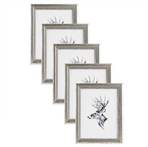 WOLTU Bilderrahmen 10x15cm 5er Set Fotorahmen Holzrahmen mit Passepartout, zum vertikalen oder horizontalen Aufhängen/Aufstellen, Posterrahmen Collage Wanddeko, Silber