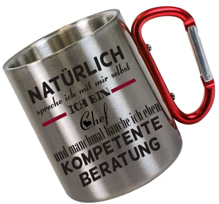 CreaLuxe Edelstahltasse mit Karabiner - Natürlich spreche ich mit Mir selbst - ich Bin Chef - 330ml, Tasse bedruckt, Kaffeetasse, Bürotasse, Metalltasse