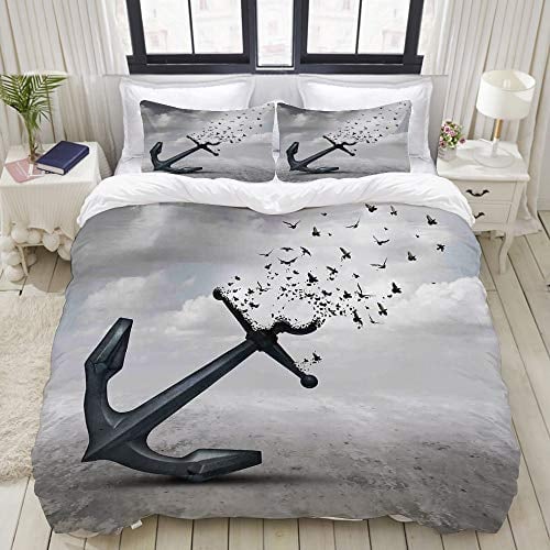 MOBEITI Bedding Bettwäsche-Set,Anker fliegen Möwen grau Print,Mikrofaser Bettbezug und Kissenbezug - (135 x 200 cm)