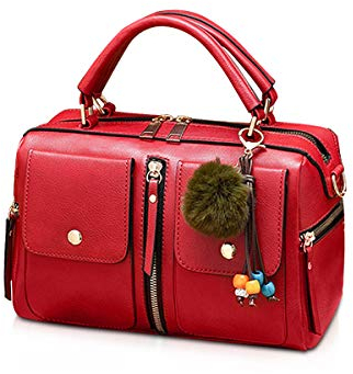 NICOLE & DORIS Femmes Sacs À Main Pompon Sac Style De Mode Zipper Sac À Bandoulière Dames Fourre-Tout Sac Cabas Porté Epaule Bandoulière PU Style Cuir Petit Sac Carré Rouge
