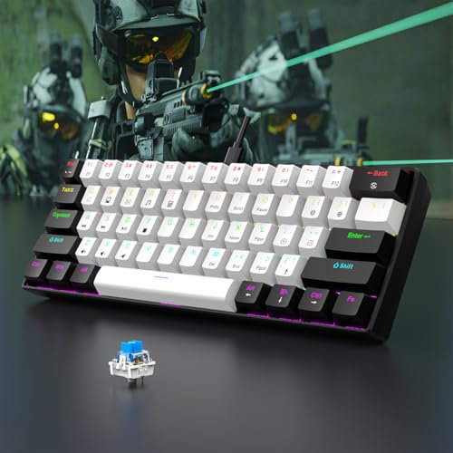 60% Wired Gaming Keyboard, RGB Backlit Ultra Compact Mini Keyboard, Waterproof Mini Compact 61-Key Keyboard for PC/Mac Gamers, Typist, Travel, Easy Travel (Black & White)