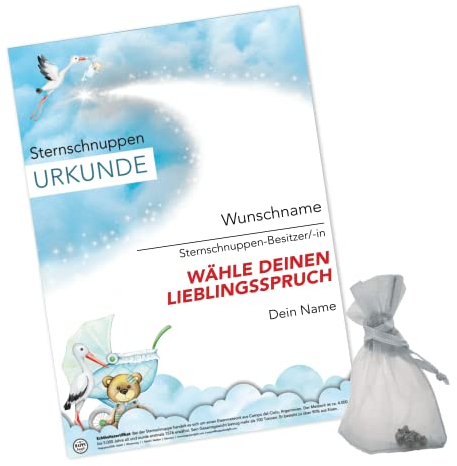 happylandgifts® Premium | Echte Sternschnuppe als Geschenk zur Geburt | Personalisierte Urkunde mit Wunschname und persönlicher Widmung | Baby | Neugeborenes