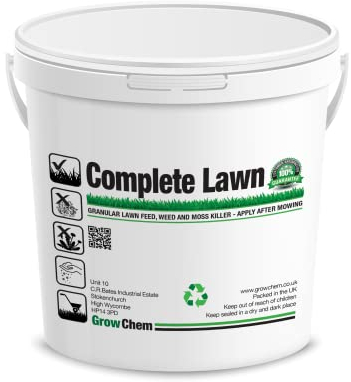 Grow Chem Complete Lawn Fertiliser (10Kg Bucket) Feed, Weed & Moss Killer (Treats 312m Sq) All In One Lawn Treatment