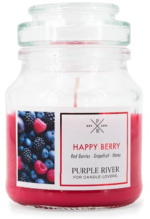 Purple River kleine Duftkerze im Glas mit Deckel | Happy Berry | Duftkerze Fruchtig | Sojawachskerze | Raumduft für Zuhause | Geschenke für Frauen