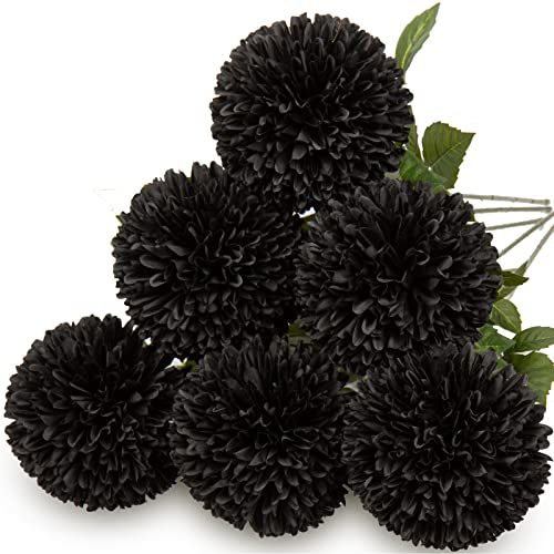 Briful Künstliche Chrysanthemen für den Herbst, 10,2 cm, große Köpfe, Mutterstiele, schwarze künstliche Hortensien, Brautstrauß für Zuhause, Halloween, Hochzeit, Herbstdekorationen, 6 Stück