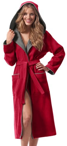 Morgenstern Bademantel Damen mit Kapuze 100% Baumwolle Frottee OEKO-TEX® Morgenmantel Leonie Rot Größe XL