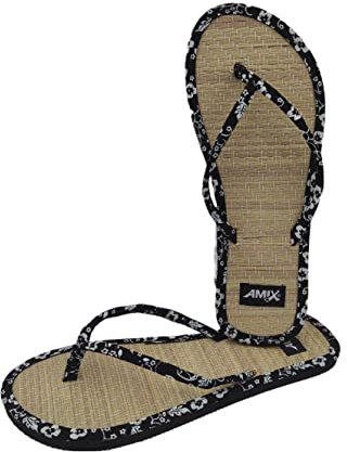 Amix Diamond Élégantes Chaussons Femme Été Modèle Caraïbes Fond Bambou Tongs en Paille pour Mer, Plage, Jardin, Noir , 37 EU