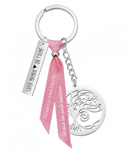 Cadeau MAMAN Porte-clés personnalisé gravé et ruban imprimé - Cadeau ARBRE DE VIE pour MAMAN. Arbre de vie, apporte paix & harmonie. Idée cadeau de NOËL, anniversaire, fête. (MAMAN)