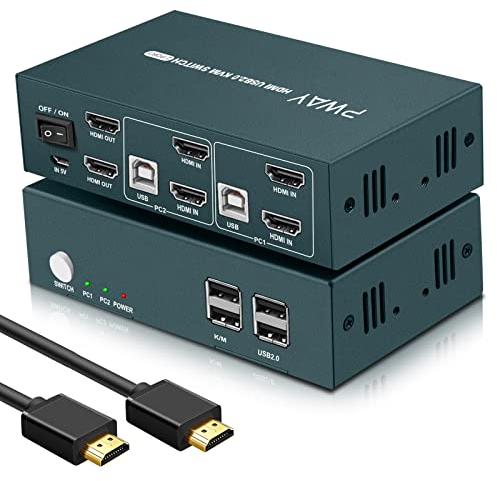 Kvm Switch 2 Monitores, Steetek 4K @ 30Hz USB2.0 HDMI KVM Switch Dual Monitor, HDCP1.2 2 PC 2 Monitor Switch con tecla de acceso rápido y control de botón para teclado, ratón, impresora y monitor HD