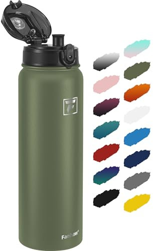 Fanhaw 1 L Insulated Stainless Steel Water Bottle with 1 Lid (Chug Lid) - For Kids, Women, Men | Leak & Sweat Proof with Anti-Dust Lid (Olive Green)