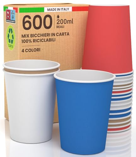 600 Bicchieri in Carta 200ml Mix Essentials Ecologici Biodegradabili Monouso Made in Italy Asporto Bevande Calde Acqua - MIX di Colori Blu Avana Rosso Bianco - Prodotto e Confezionato in Italia