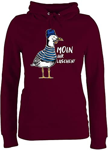 Pullover Damen Hoodie Frauen - Sprüche Statement - Moin Ihr Luschen - Coole Möwe - Weiß - L - Burgundrot - nordsee Statement-Pullover mit Aufschrift möwen Pulli Statements möwe, Hoodies