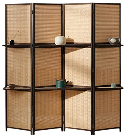5 6ft Tall Wall Partition Room Divider with Shelves, Portable Folding Privacy Screens 4 Panel, for Dorm Office Studio, Bedroom Separator, Temporary Wall, Restaurant Decorative ( Color : Natural , Size