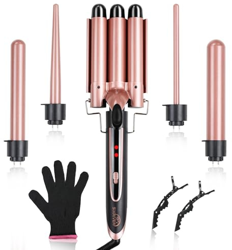 Sixriver 5 in 1 Lockenstab Set, Lockenstab mit 3 Barrel Hair Crimper Iron und Austauschbar 4 Lockenstäbe, Dual Voltage Hair Waver mit 2-LED Temp Control für alle Haartypen, Handschuh & 2 Clips