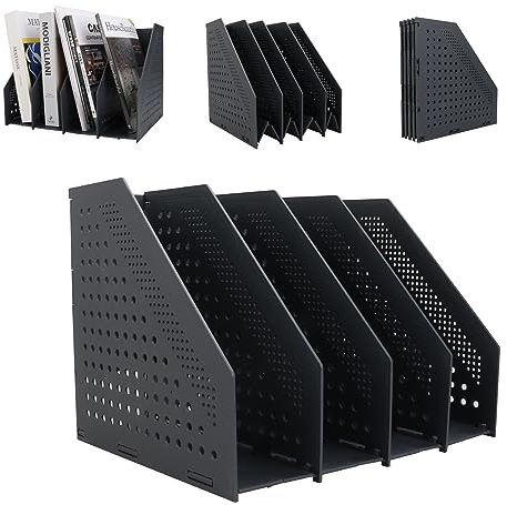 YOUNTHYE Pliable Porte Revue Bureau A4, Porte Revue Plastique, Rangement Livre Gris Foncé, Porte-Revues Pliable A4, Porte Revue Plastique Avec 4 Compartiments Pour l'Organisation Du Bureau