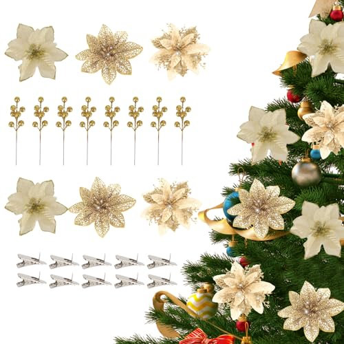 Lyneun 18 Stück Weihnachtsbaum Blumen und 12 Stück Rote Beerenstiele, Weihnachten Blumen mit 12Pcs Clips, Weihnachtsstern Blumen für Christbaumschmuck Kränze