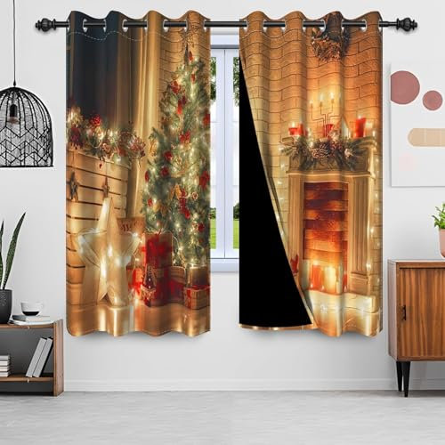 Uiiooazy Tende di Natale, Tende Oscuranti Rossi Albero di Natale Verde Camino Tende Termica Isolante Freddo con Occhielli per Camera da Letto Interni Finestra Soggiorno, 2 Pannelli Set, 140Lx225Acm