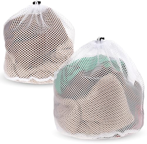 Giantree Paquete de 2 bolsas de lavandería de malla para calcetines, redes de lavandería blancas con cordón, bolsa de lavandería reutilizable, bolsa de lavandería para el hogar, dormitorio, hotel,