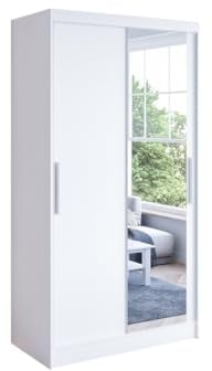 Easy4You K6 100 cm White Sliding Doors Wardrobe 100 x 200 x 58 cm with Mirror - Bedroom Furniture, Storage - Multi-Purpose Cabinet