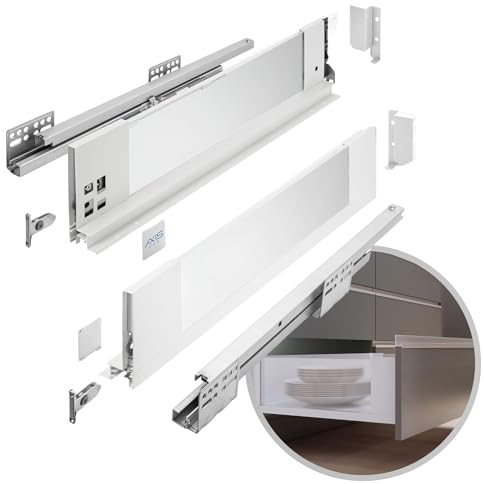 GTV - Schubladensystem AXIS PRO | Schublade mit Glasseiten | Schubkasten | Schubkastensystem | Höhe: 116 mm Länge: 550 mm | Weiß mit milchigem Glas